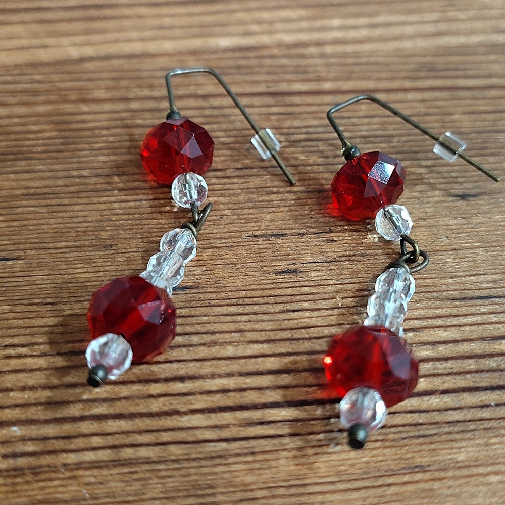 **5 For $20*** Ladies Red and Clear Long Clear Beaded Dangle Earrings, Handmade - Picture 5 of 6